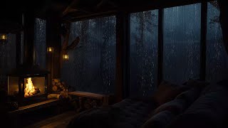 Soothing Rainstorm & Fireplace Sounds in Cabin Night Ambience for Sleeping