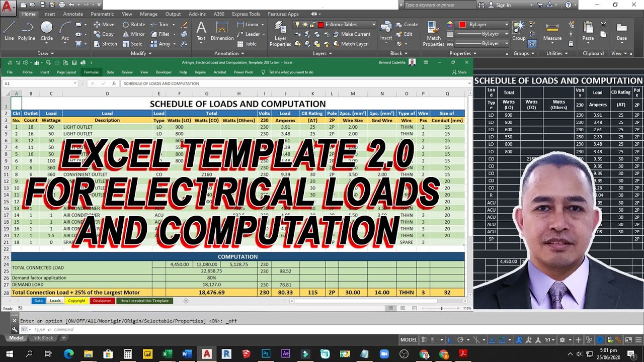 Automatic Schedule of Electrical Loads and Computation in Excel and AutoCAD (Excel Template 2.0)