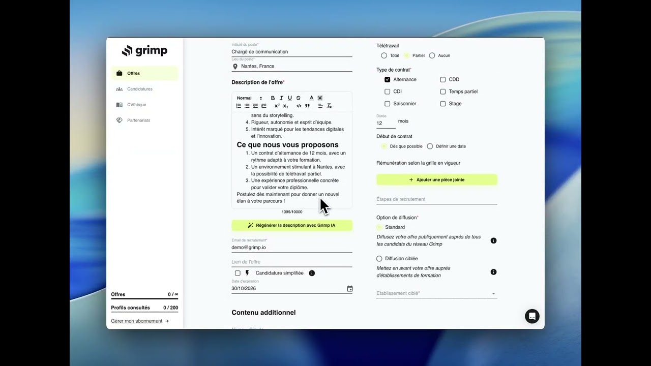 Publier une offre a l'ensemble du reseau de Grimp