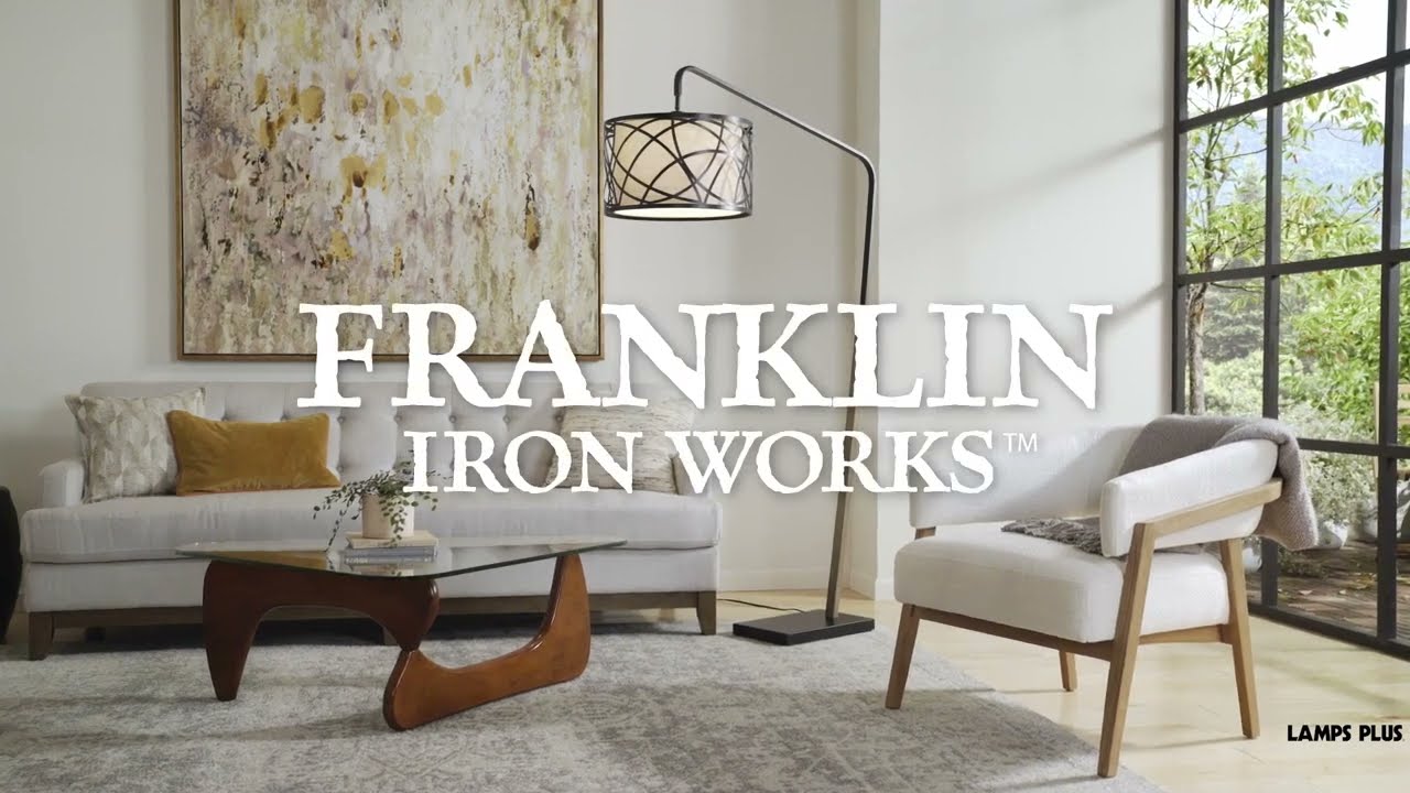 Video 1 Watch A Video About the Franklin Iron Works Bramble Arc Lamp Black with Faux Wood Finish