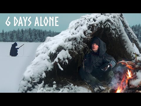 6 Day Winter Camping: FROZEN LAKE ICE FISHING & Bushcraft Shelter [1 Hour Movie]