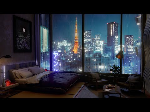 A Luxury Tokyo Hotel Room | Rain, Wind and Thunder sounds For Sleeping | 4K | 8Hrs