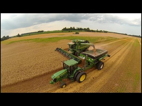 Two John Deere S670 combines harvesting winter wheat