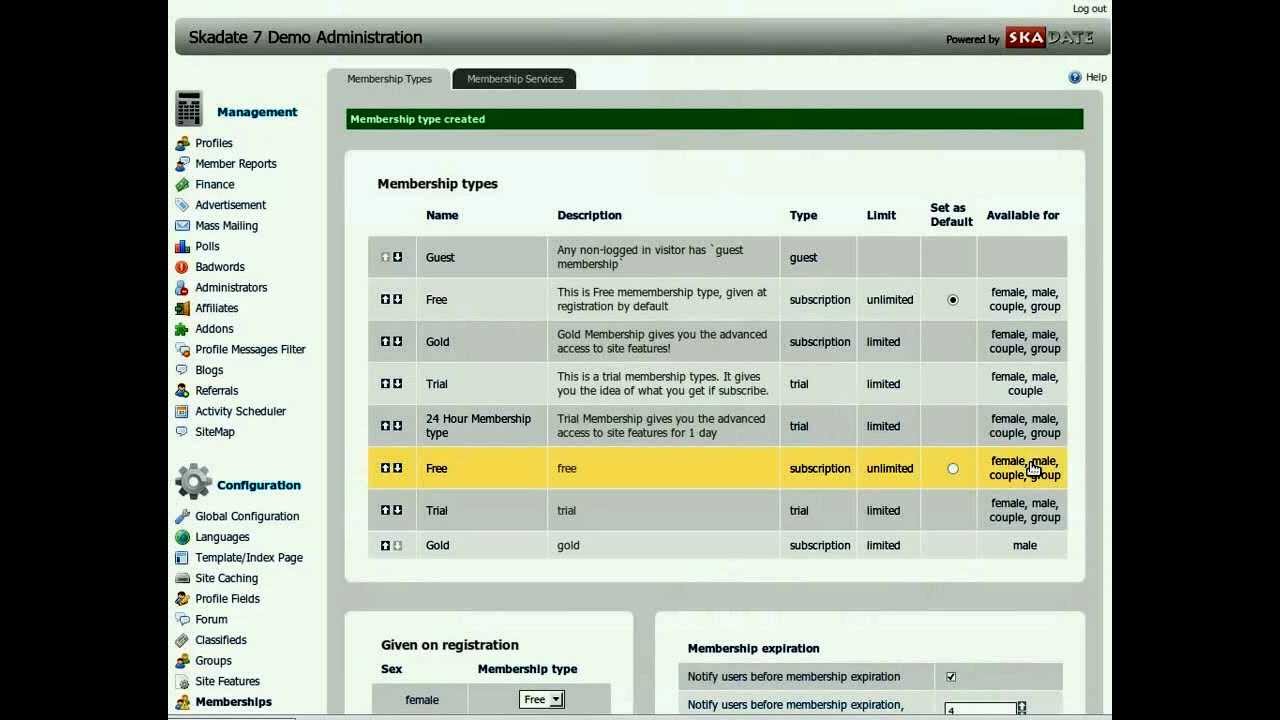SkaDate Membership Types Configuration (Prior to SkaDate X)