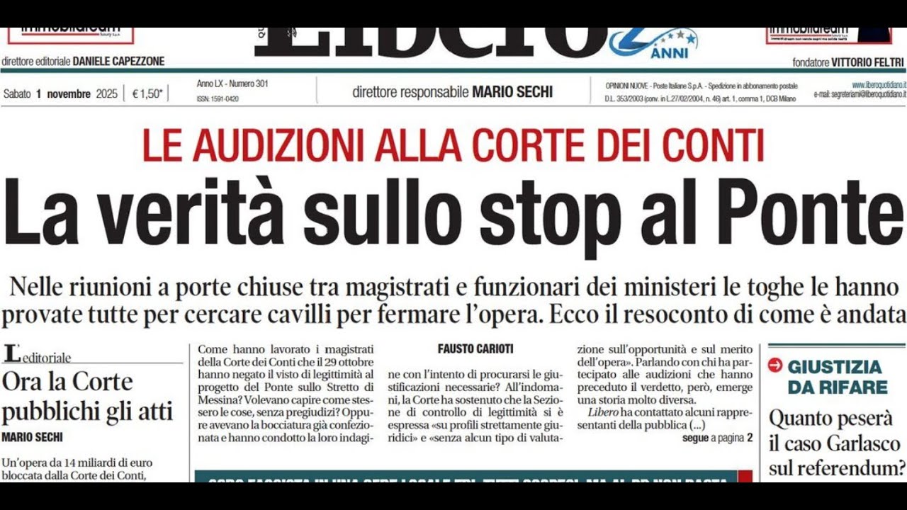 RASSEGNA STAMPA 1 NOVEMBRE 2025 QUOTIDIANI NAZIONALI ITALIANI  PRIME PAGINE DEI GIORNALI DI OGGI
