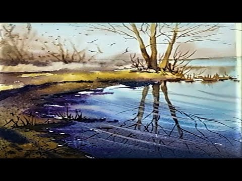 Easy Foggy Winter Morning on the River Bank || Watercolor Painting