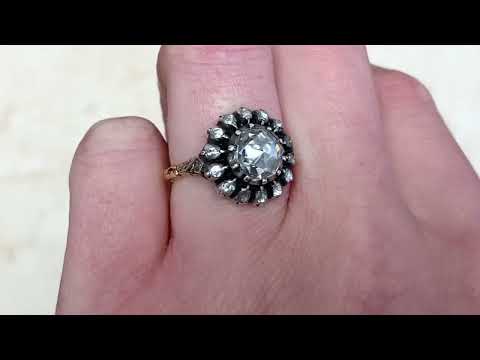1.00ct Rose Cut Bezel-set and Floral Motif Halo Diamond Engagement Ring - Dresden Ring - Hand Video