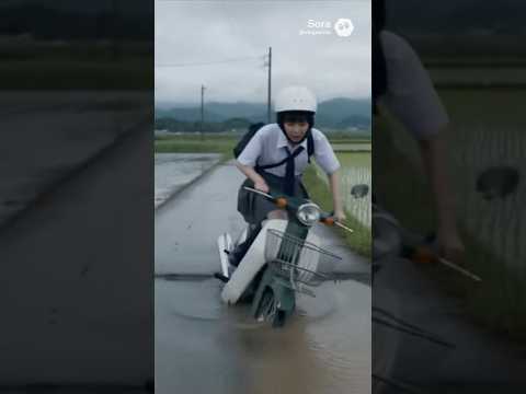 女子高生がスーパーカブで田んぼに転倒する