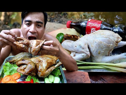 Roasted Chicken with Coca cola and Banana Flower Eating with Spicy Sauce So Delicious in forest