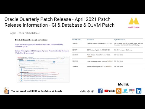 Oracle Quarterly Patch Release April 2021 Patch Release Information GI Database OJVM Patch