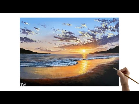 ACRYLIC PAINTING TUTORIAL SUNSET BEACH How to paint a sunset beach painting easy for beginners