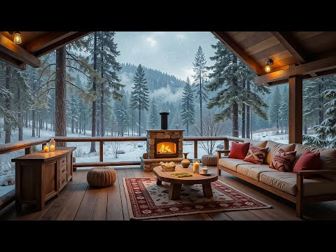 The Coziest Winter Cabin Porch | Fireplace Jazz Ambience