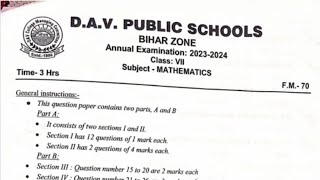 DAV Class 7 Maths Annual Yearly Question paper 2023-2024, DAV class 7 Mathematics question Paper.