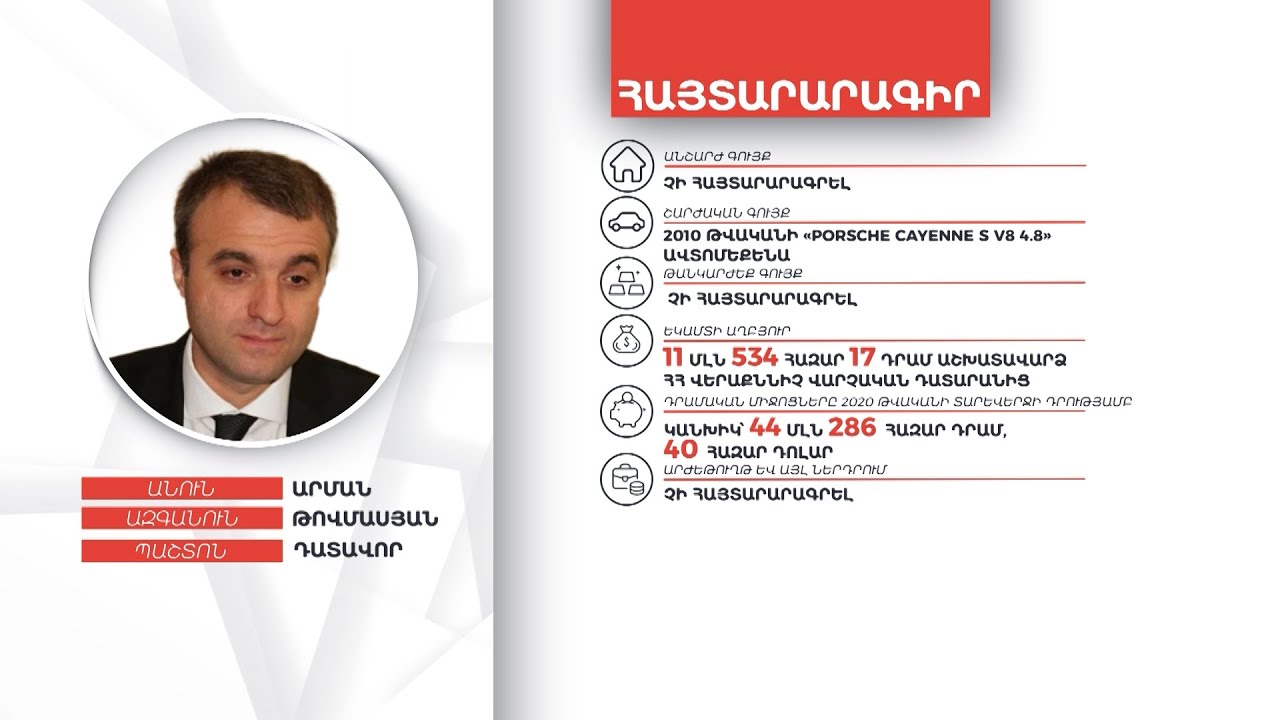 Դատավոր Արման Թովմասյանի գույքի և եկամուտների հայտարարագիրը