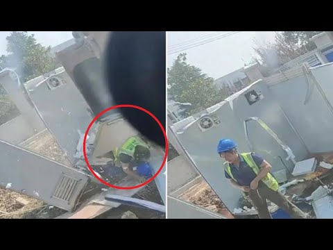 Builder Crushes Portaloo with Digger, Unaware Colleague is Inside | Toilet destroyed while occupied
