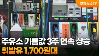 주유소 기름값 3주 연속 상승…휘발유 1,700원대 / 연합뉴스TV (YonhapnewsTV)