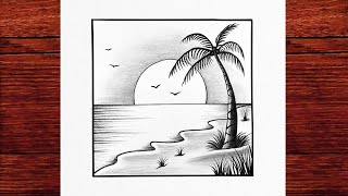 How to Draw a Beach Sunset Scene | Easy Pencil Drawing