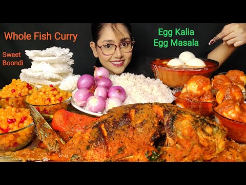 Eating Whole Fish Curry, Egg Kalia, Egg Masala, Sweets, Rice | Big bites | Asmr Eating | Mukbang