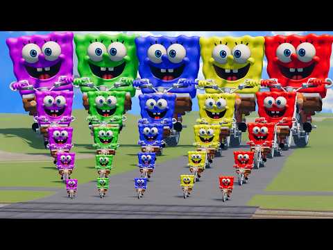 Big & Small: Red vs Yellow vs Blue vs Green vs Pink SpongeBob on a motorcycle vs Trains | BeamNG