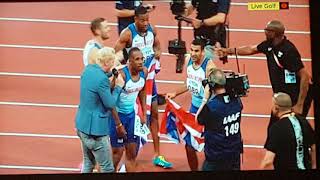 Mens 4 x 100m Relay Final. 2017 London World Championships. Usain Bolt's last race. Team GB win gold