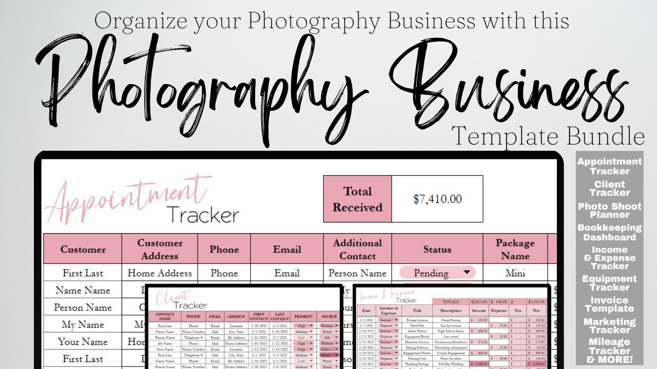 Photography Business Template Bundle Google Sheets, Startup Organization Excel Spreadsheet