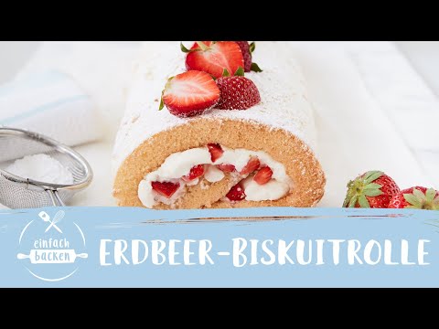 Erdbeerrolle 🍓 | Erdbeer-Biskuitrolle I Biskuitrolle | Einfach Backen