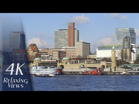 4K Ultra HD Relaxing Video: Hamburg, Germany - Hafen (Harbor), Elbe, Ships, City + St. Pauli Skyline
