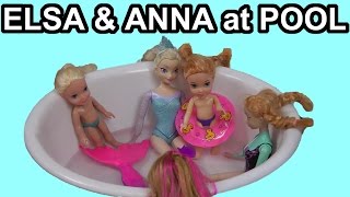 Elsa and Anna toddlers & Olaf go to the POOL with Barbie and the Secret Door characters