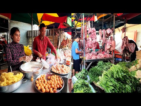 Cambodian Wet Food Market Scenes - Fish, Chicken, Pork, Meat, Vegetables, Vendors & Buyers Scene