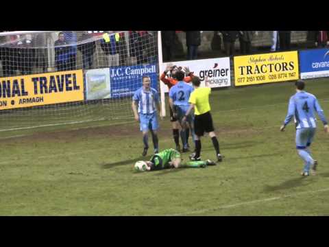 Gary Hamilton kicks Warrenpoint Town FC keeper Hughes! 040314
