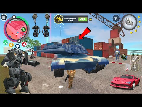 Rope Hero Vice Town (throws army tank on giant police car robot) Stole a police helicopter - HD