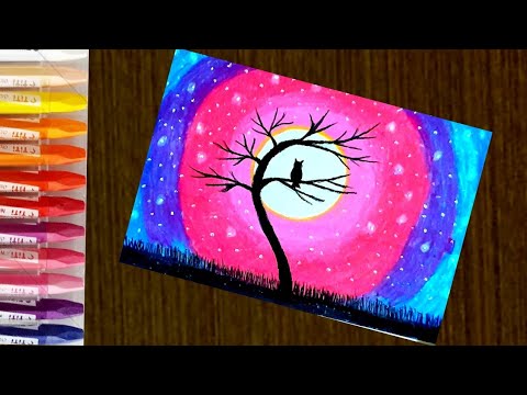 Beautiful moonlight scenery drawing with oil pastels / Moonlight drawing with oil pastel