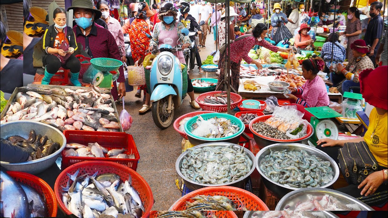Massive supplies of fish, vegetables, meat and street food, Cambodian food tour