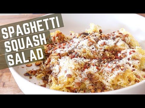Hot-Roasted Spaghetti Squash Salad with Fried Seeds, Balsamic, and Parmesan — No Pasta Substitutes Here