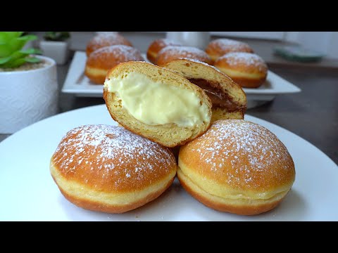 This recipe is addicting - super soft donuts filled with vanilla cream!