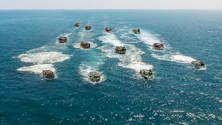 Dozens of US Marines AAVs Rush to Shore for Massive Beach Assault Drill
