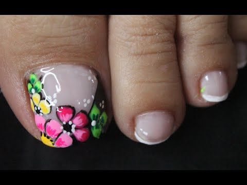 DISEÑO DE UÑAS FLORES DE COLORES Y FRANCES PARA PIES – FRENCH NAIL ART – FLOWERS NAIL ART – NLC