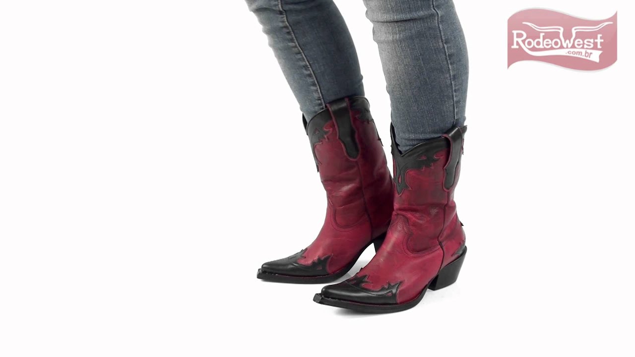 Bota Feminina Texana Vermelha c/ Detalhes Preto e Bico Fino - West Country