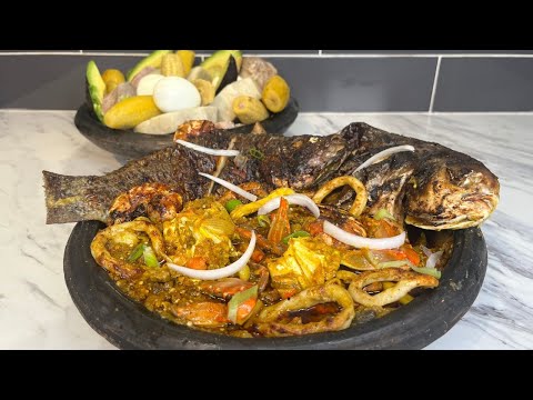 EASIEST WAY TO MAKE EGGPLANT STEW WITH GRILLED TILAPIA POMFISH CRAB SHRIMP SQUID AND YAM..
