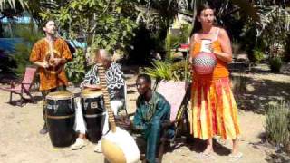 Jali Sherrifo Konteh plays Kora with friends at Gunjur Project Lodge, The Gambia