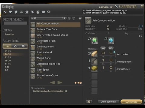 FFXIV Carpentry Levels 26-30 Recipes