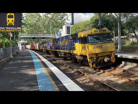 Freight passes Normanhurst station with Locomotives NR71 and 9323