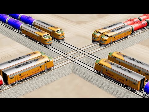 Impossible Multiple Overlapping Rail Tracks Crossover Vs Trains Crossing - BeamNG.Drive