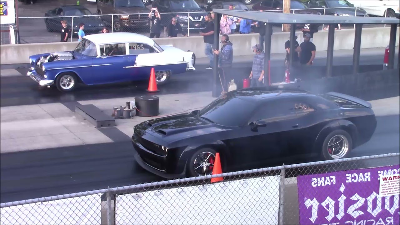 1955 Chevy Tri-Five Drag Races Dodge Challenger Hellcat, Narrowly ...