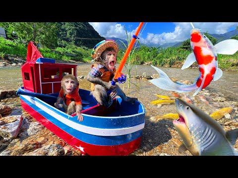 Monkey Baby Bim Bim And Obi Go Fishing on the Boat and meet SHARK