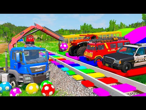 Flatbed Trailer Truck Rescue Bus - Cars vs Deep Water - Cars vs Rails and Trains - BeamNG Drive #08