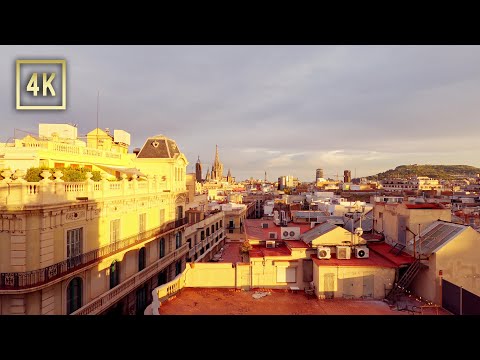 Sunset Rooftop Café Ambience. Barcelona, Spain. 4K ASMR