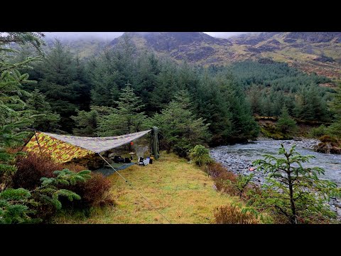 Wild Camping Alone by a River in the Rain | British Army Basha Shelter