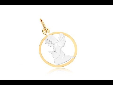 Biżuteria - Dwukolorowy złoty wisiorek 375 - grawerowany aniołek, zarys koła, rodowany