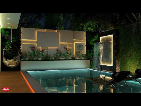 Relax at night by a luxury home pool with ambient waterfall sound (sleep, work, dream, study, focus)